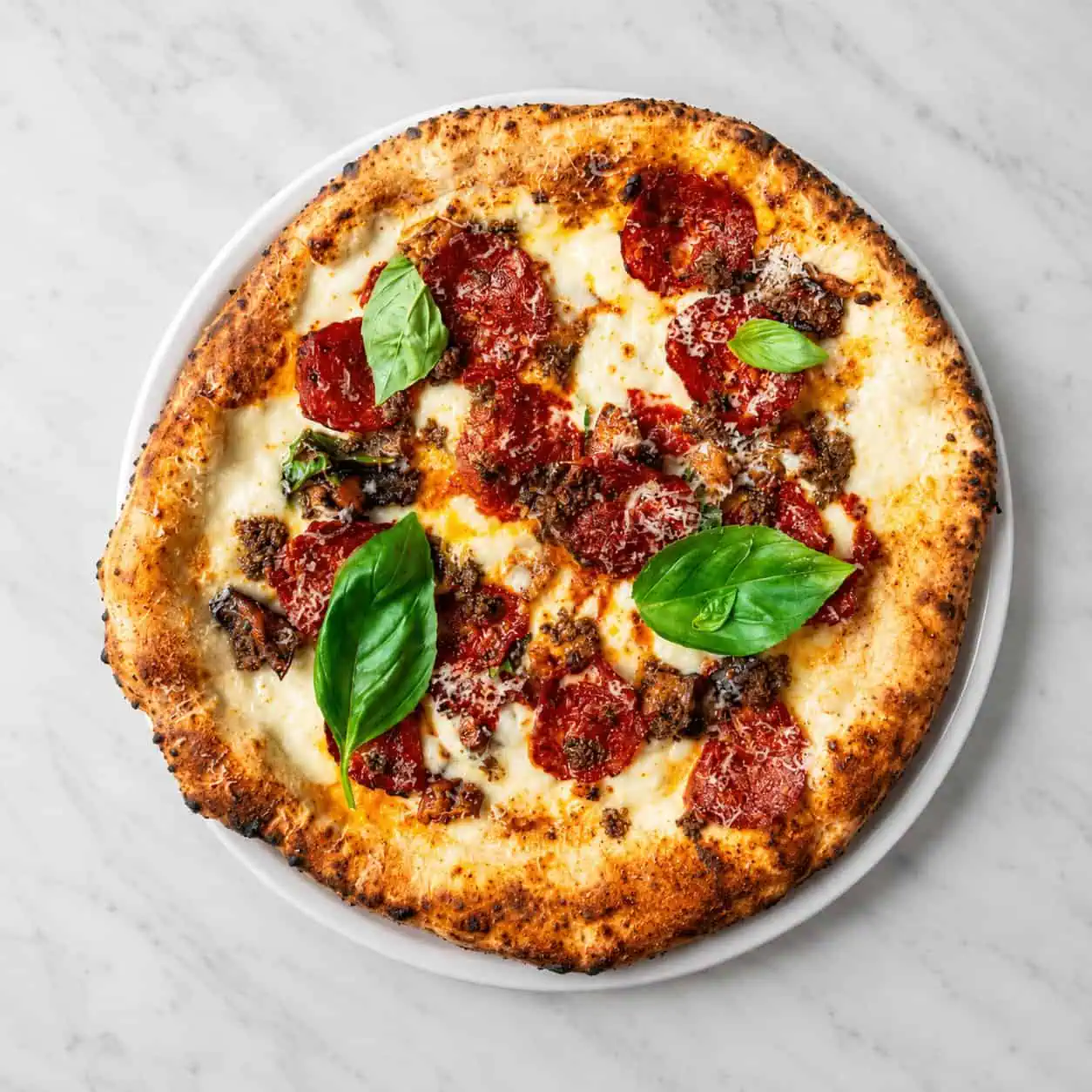 Alessandro Pizza - White Base, Fior di Latte, Eggplant, Hot Salami, Black Truffle, Grana Padano DOP, Basil, EVOO