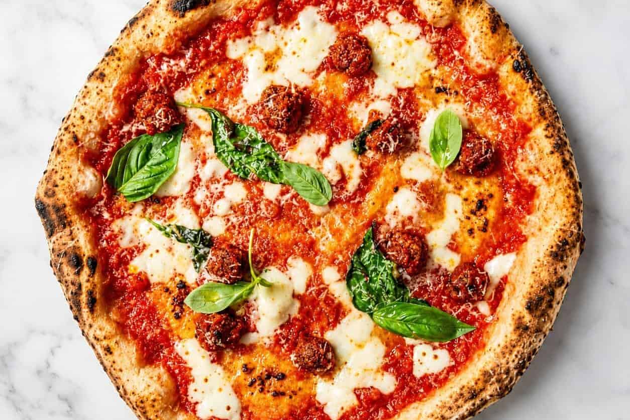 Allegra Pizza - Solania San Marzano, Fior di Latte, Nonna Giuseppina’s Beef Meatballs, Pecorino Romano, Pepper, Basil, EVOO