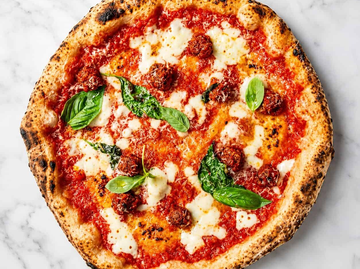 Allegra Pizza - Solania San Marzano, Fior di Latte, Nonna Giuseppina’s Beef Meatballs, Pecorino Romano, Pepper, Basil, EVOO