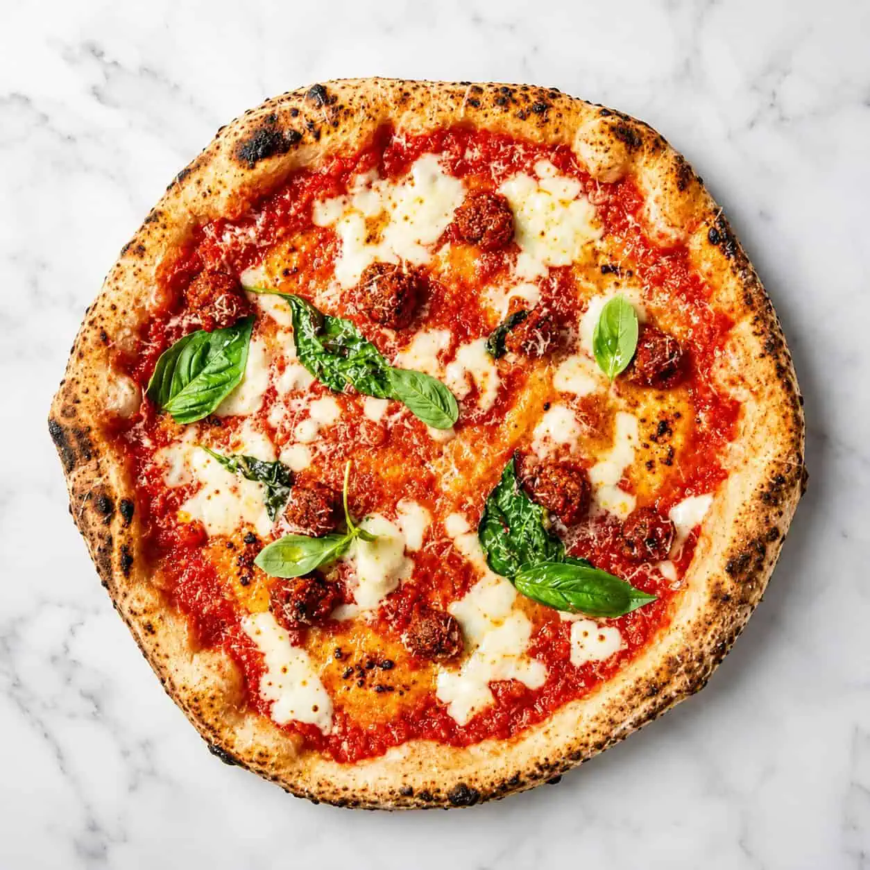Allegra Pizza - Solania San Marzano, Fior di Latte, Nonna Giuseppina’s Beef Meatballs, Pecorino Romano, Pepper, Basil, EVOO