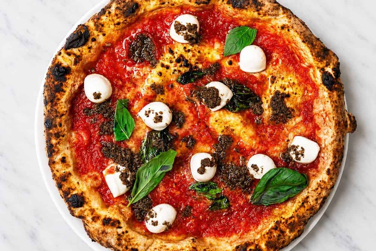 Bocconcini Pizza - Solania San Marzano, Buffalo Bocconcini, Black Truffle, Basil, EVOO