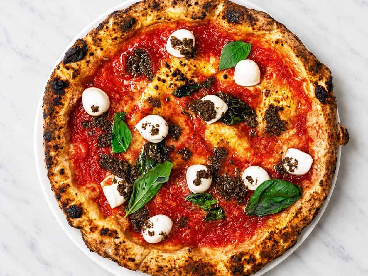 Bocconcini Pizza - Solania San Marzano, Buffalo Bocconcini, Black Truffle, Basil, EVOO