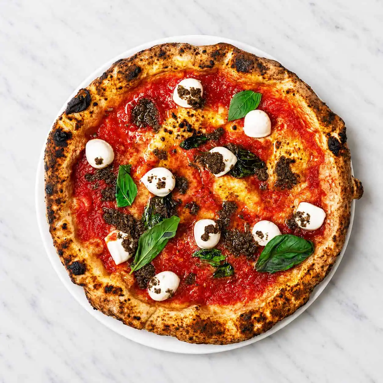 Bocconcini Pizza - Solania San Marzano, Buffalo Bocconcini, Black Truffle, Basil, EVOO