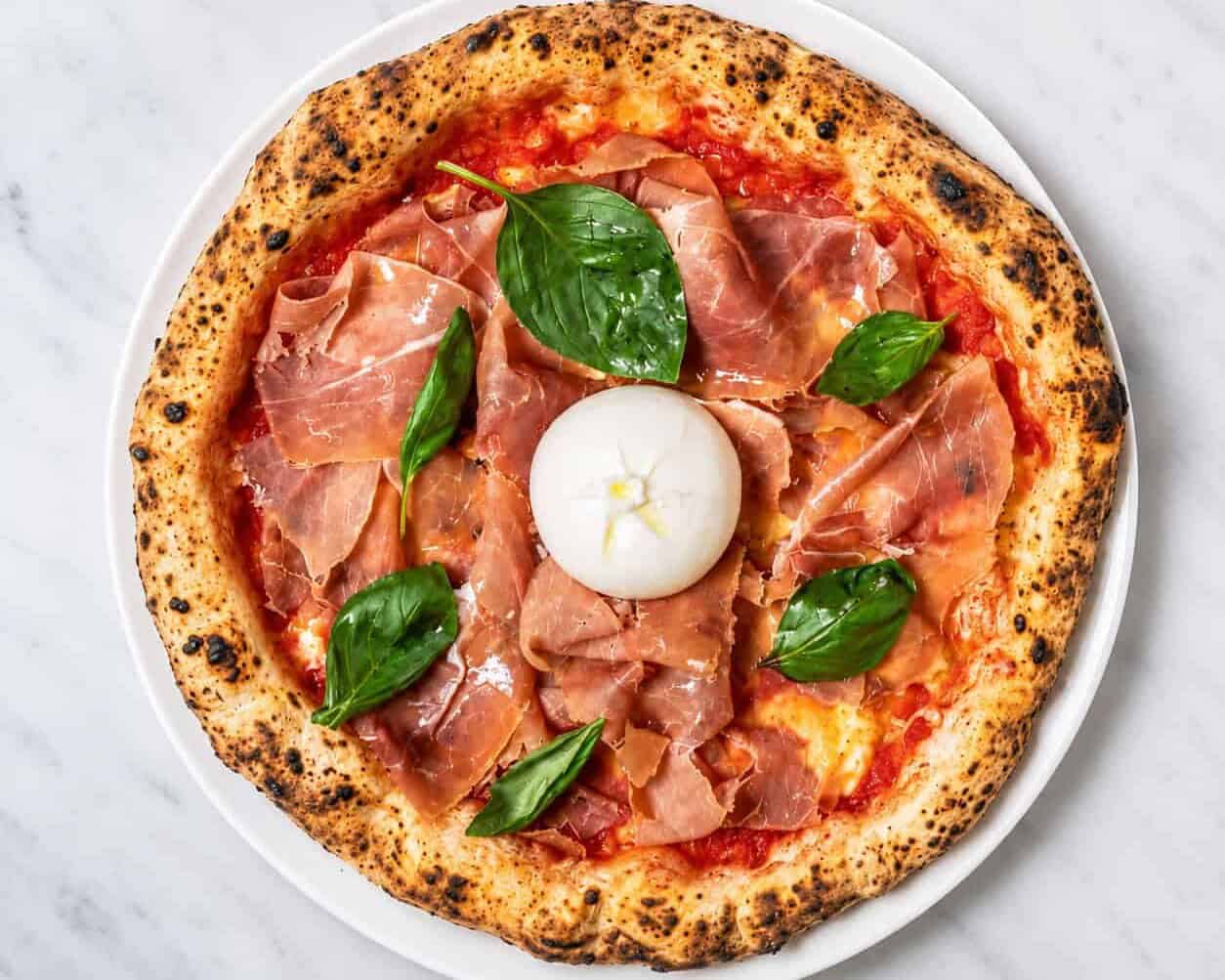 Burratina Pizza - Solania San Marzano, Fior di Latte, Prosciutto di Parma, Burrata Cheese, Pepper, Basil, EVOO