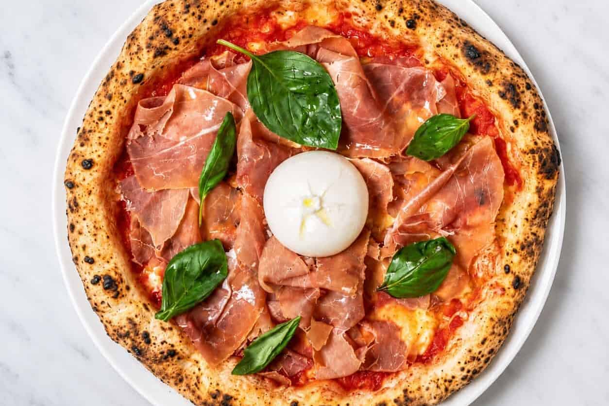 Burratina Pizza - Solania San Marzano, Fior di Latte, Prosciutto di Parma, Burrata Cheese, Pepper, Basil, EVOO