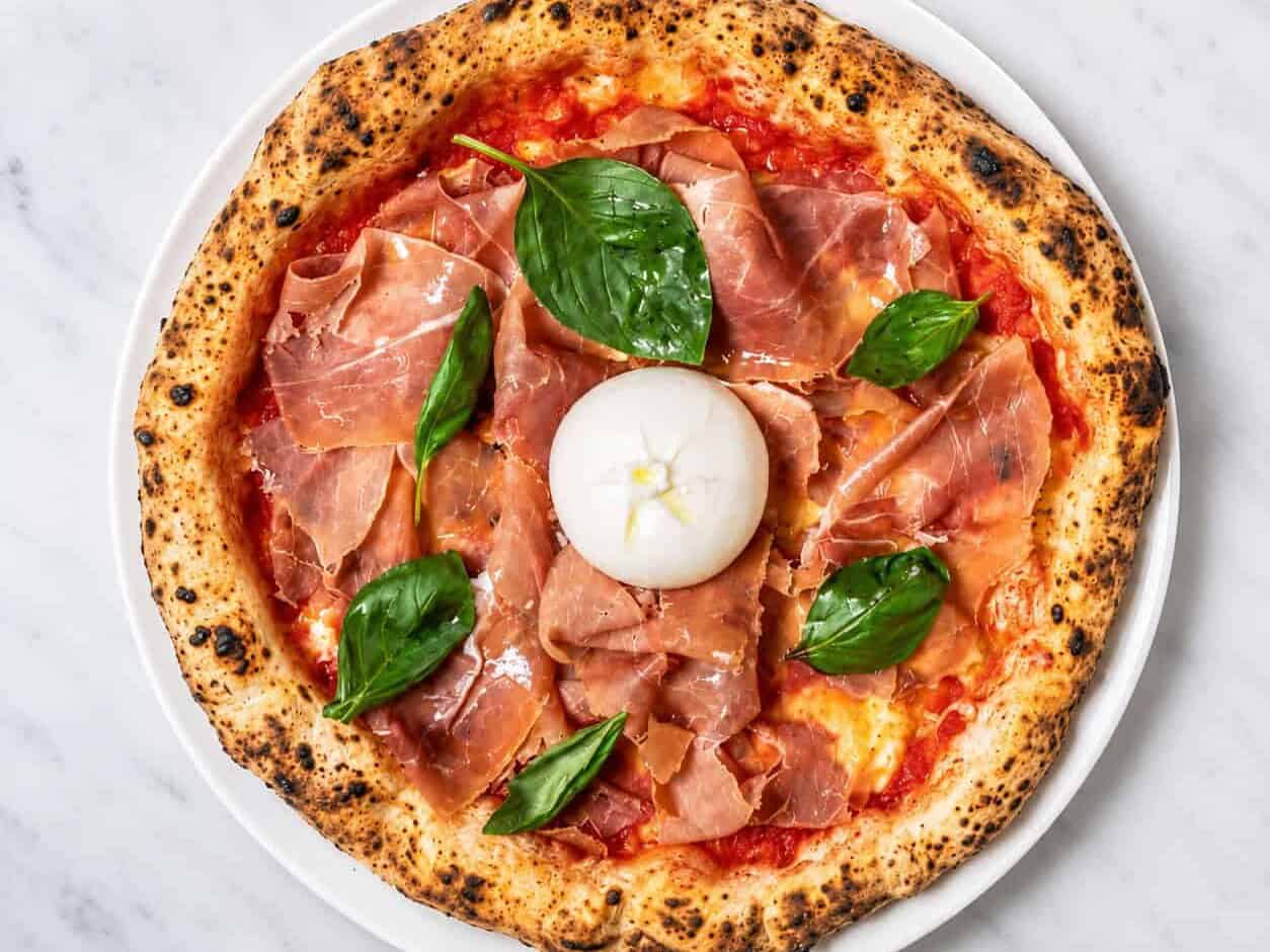 Burratina Pizza - Solania San Marzano, Fior di Latte, Prosciutto di Parma, Burrata Cheese, Pepper, Basil, EVOO