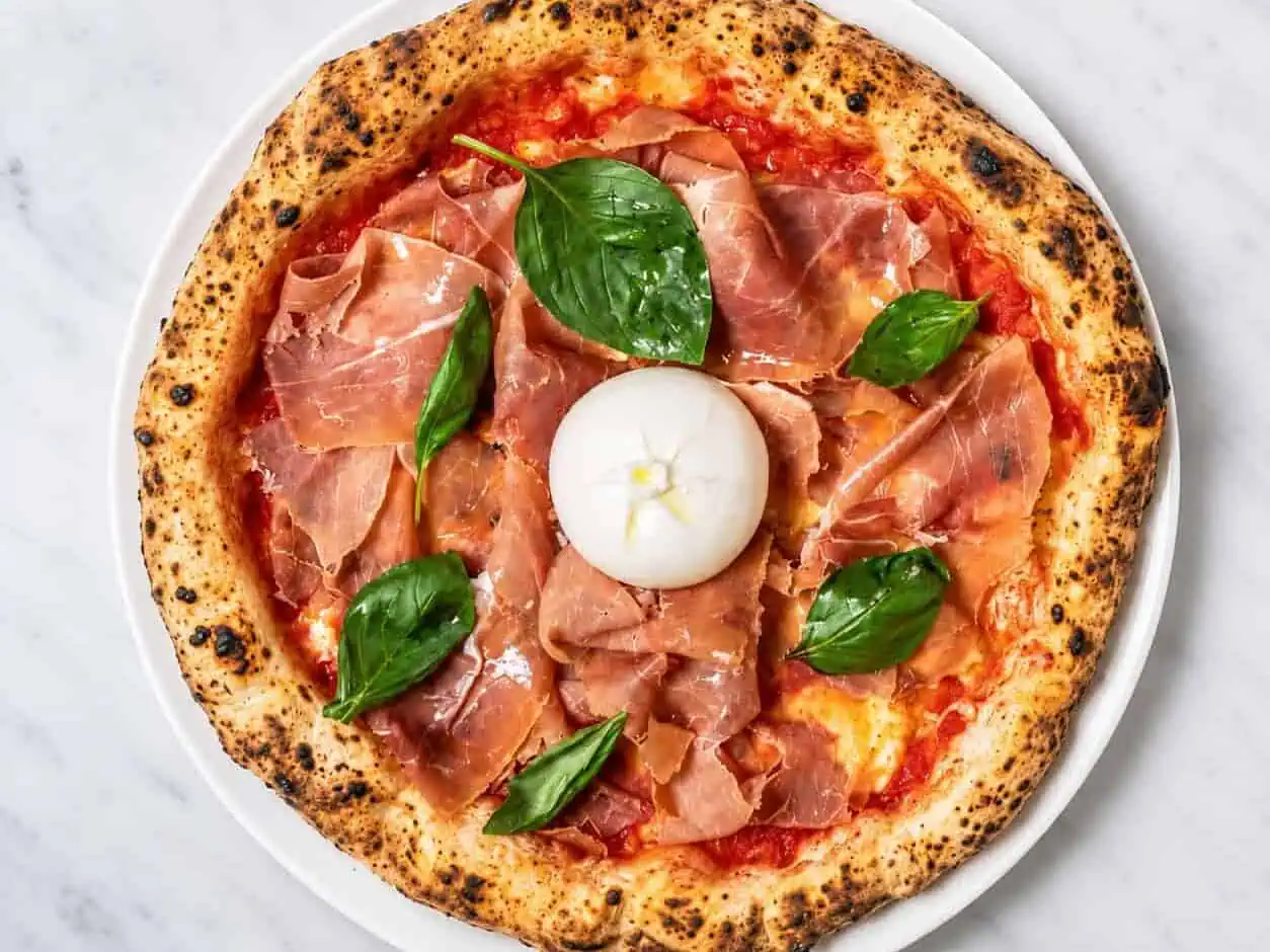 Burratina Pizza - Solania San Marzano, Fior di Latte, Prosciutto di Parma, Burrata Cheese, Pepper, Basil, EVOO