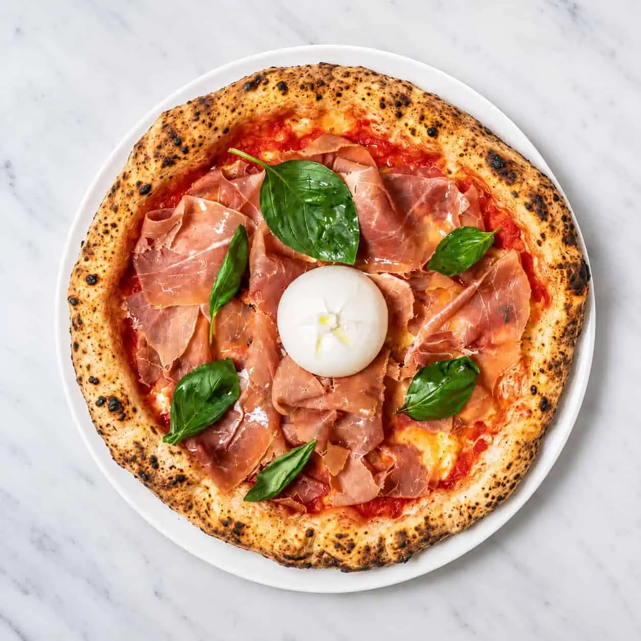 Burratina Pizza - Solania San Marzano, Fior di Latte, Prosciutto di Parma, Burrata Cheese, Pepper, Basil, EVOO