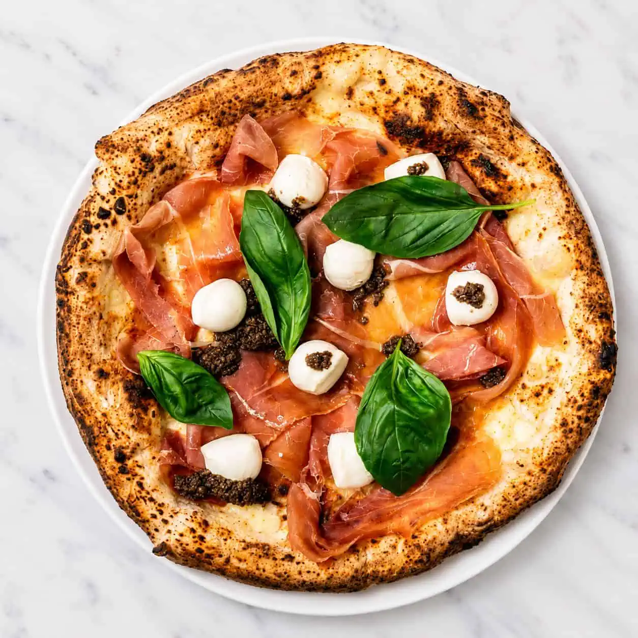 Chiara Pizza - White Base, Fior di Latte, Prosciutto di Parma, Buffalo Bocconcini, Black Truffle, Basil, EVOO