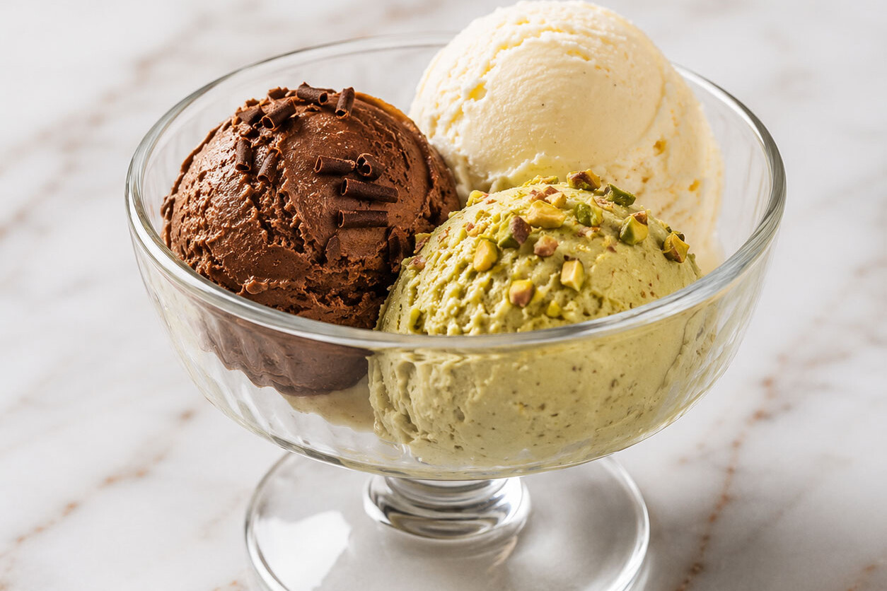 Coppa di Gelato - Selection of 3 Flavours. Choice of Chocolate, Vanilla, Strawberry, Lemon, Hazelnut, Pistachio