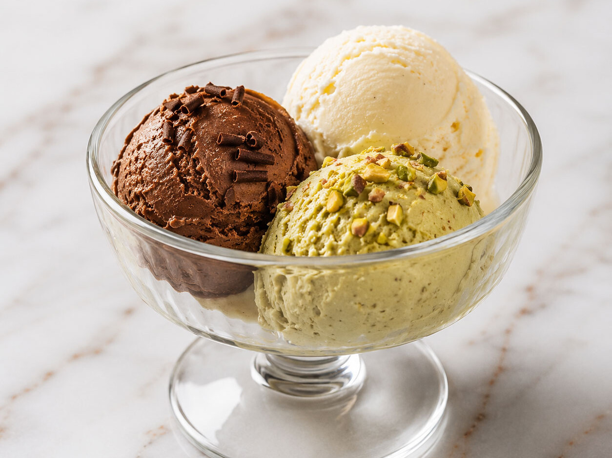 Coppa di Gelato - Selection of 3 Flavours. Choice of Chocolate, Vanilla, Strawberry, Lemon, Hazelnut, Pistachio