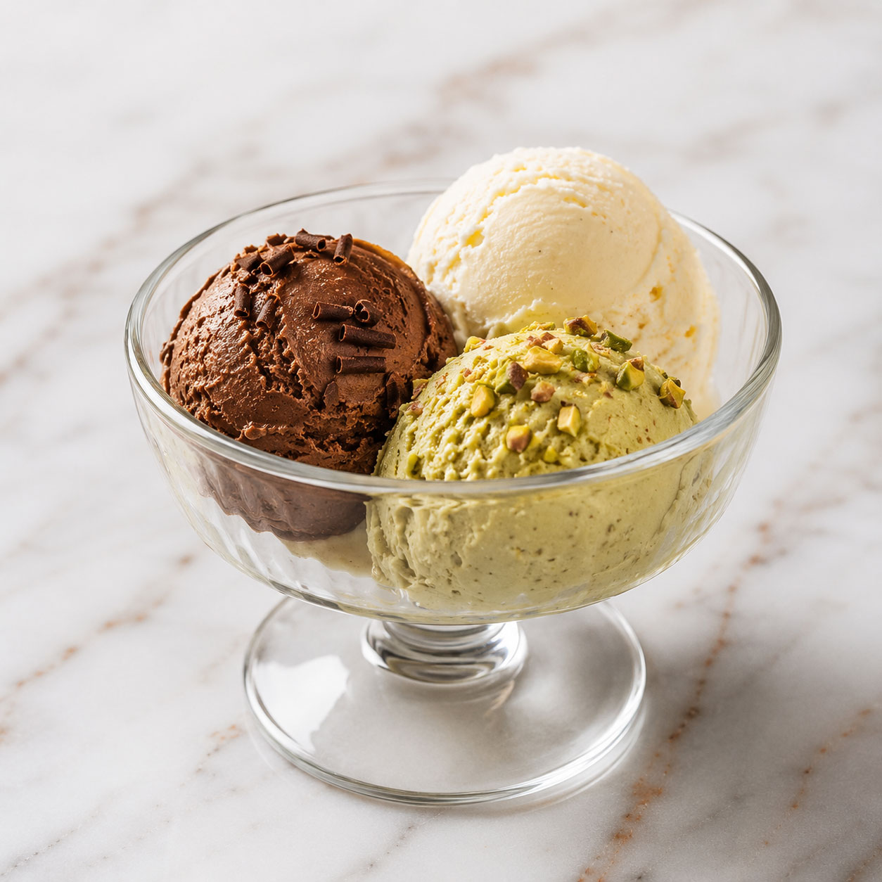 Coppa di Gelato - Selection of 3 Flavours. Choice of Chocolate, Vanilla, Strawberry, Lemon, Hazelnut, Pistachio