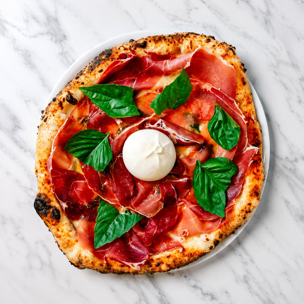 Elena 3.0 Pizza - White Base, Fior di Latte, Prosciutto di Parma, Burrata Cheese, Honey Truffle, Basil, EVOO