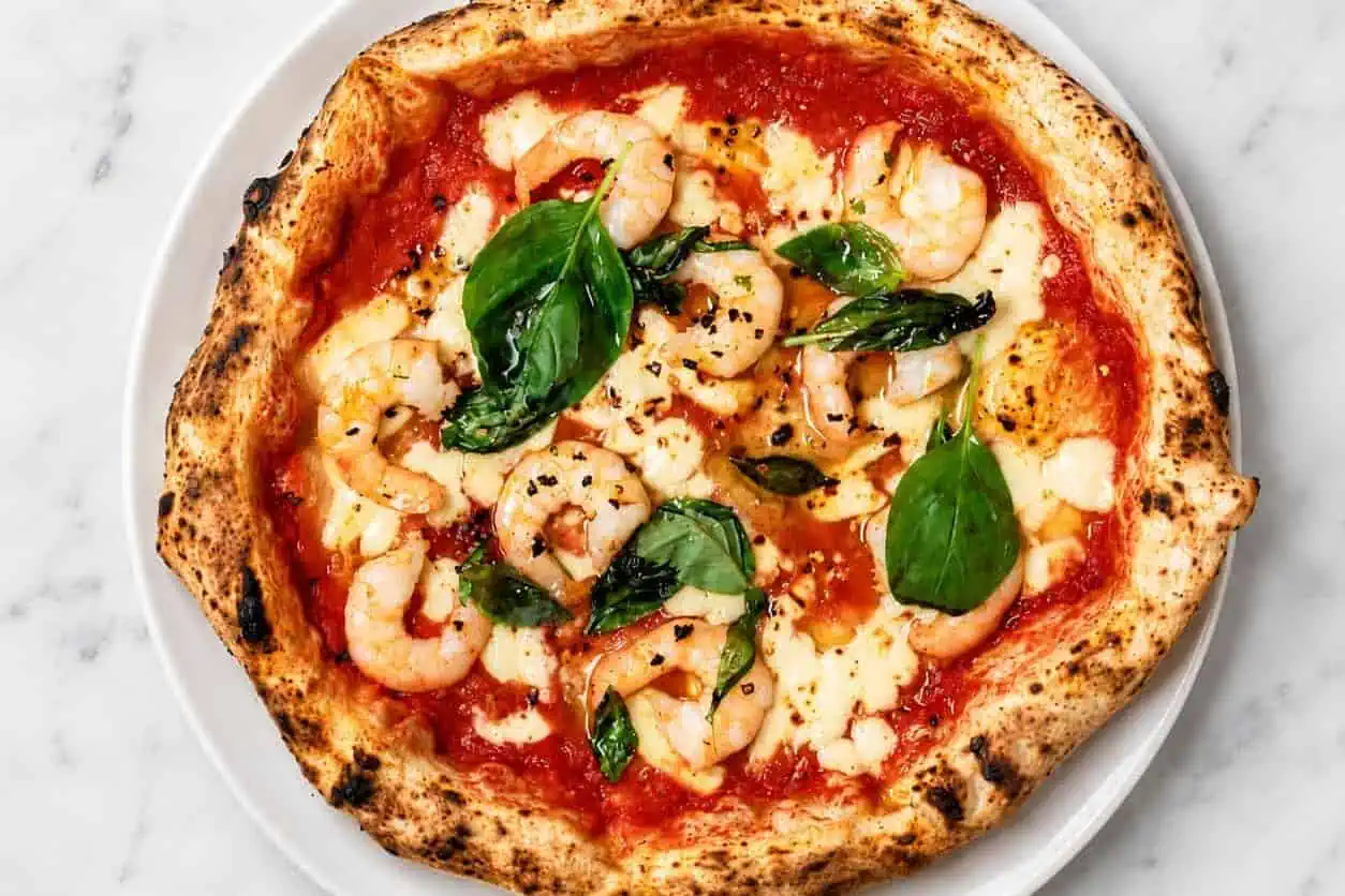 Gamberi Pizza - Solania San Marzano, Fior di Latte, Prawns, Garlic, Chilli, Basil, EVOO