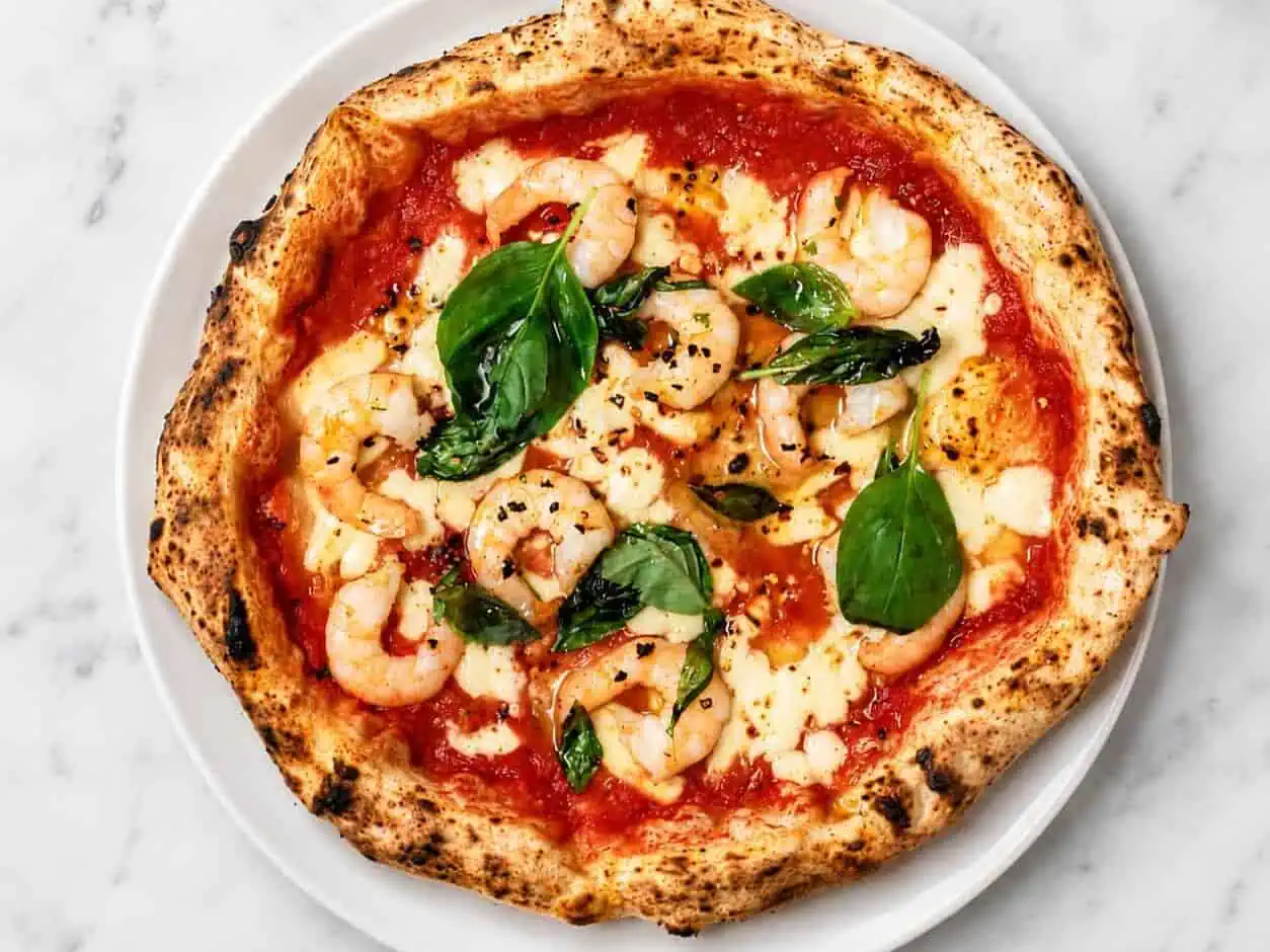 Gamberi Pizza - Solania San Marzano, Fior di Latte, Prawns, Garlic, Chilli, Basil, EVOO