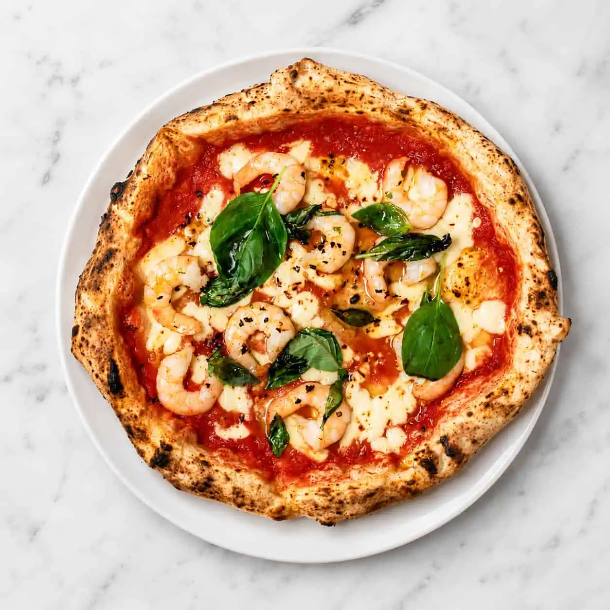 Gamberi Pizza - Solania San Marzano, Fior di Latte, Prawns, Garlic, Chilli, Basil, EVOO