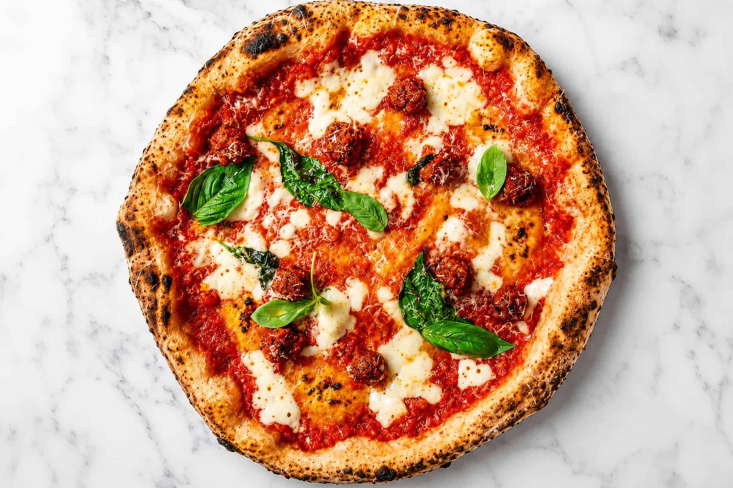 Allegra Pizza - Solania San Marzano, Fior di Latte, Nonna Giuseppina’s Beef Meatballs, Pecorino Romano, Pepper, Basil, Extra Virgin Olive Oil