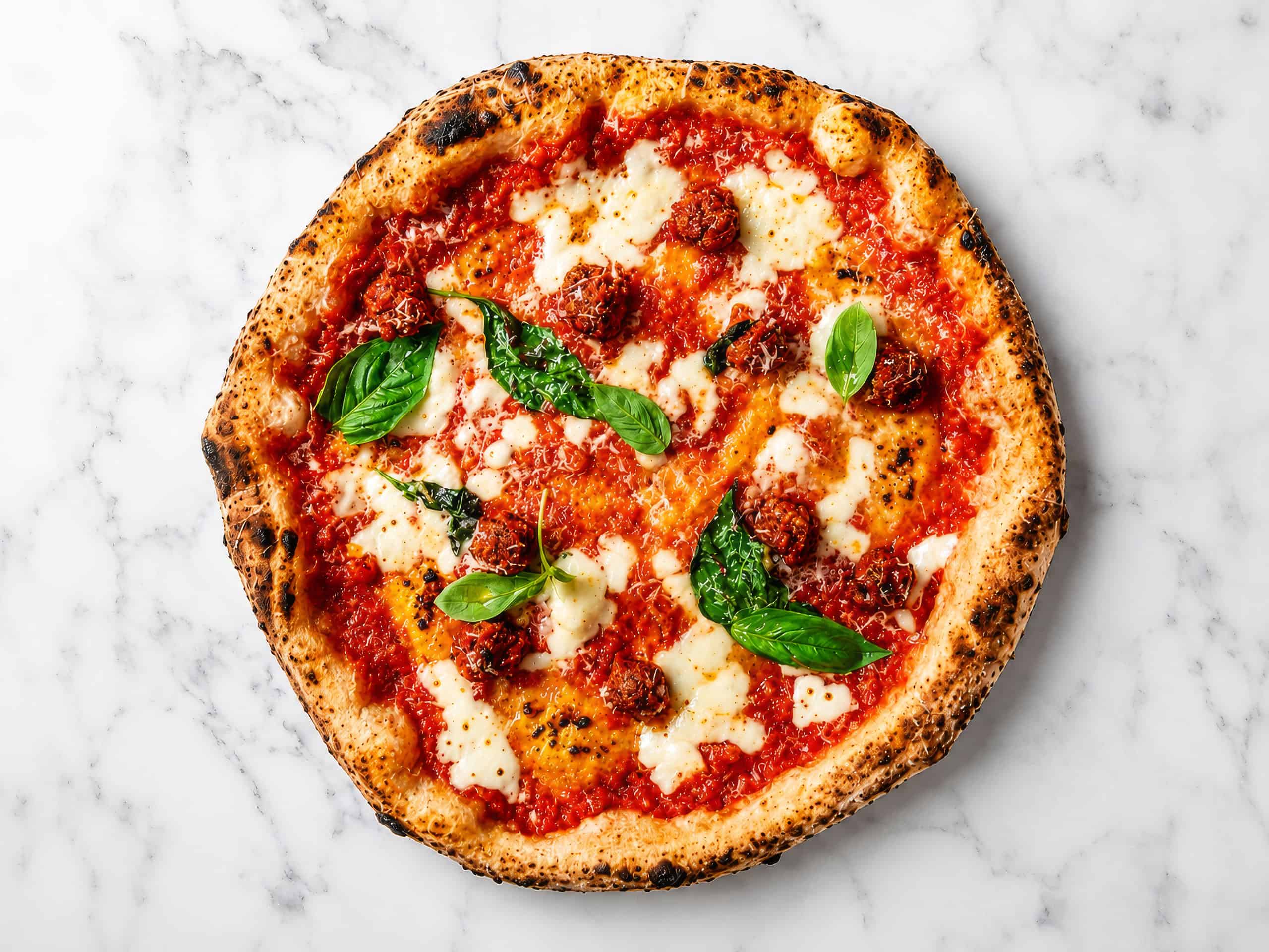 Allegra Pizza - Solania San Marzano, Fior di Latte, Nonna Giuseppina’s Beef Meatballs, Pecorino Romano, Pepper, Basil, Extra Virgin Olive Oil