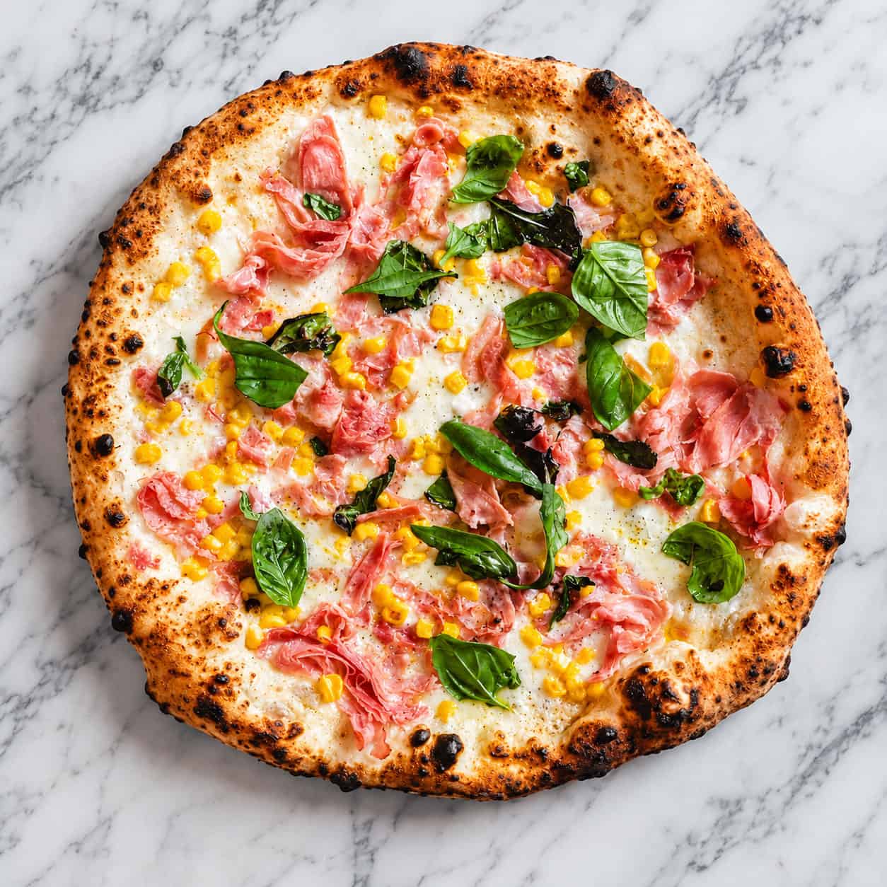 Mimosa Pizza - White Base, Fresh Cream, Fior di Latte, Double Smoked Shoulder Ham, Corn