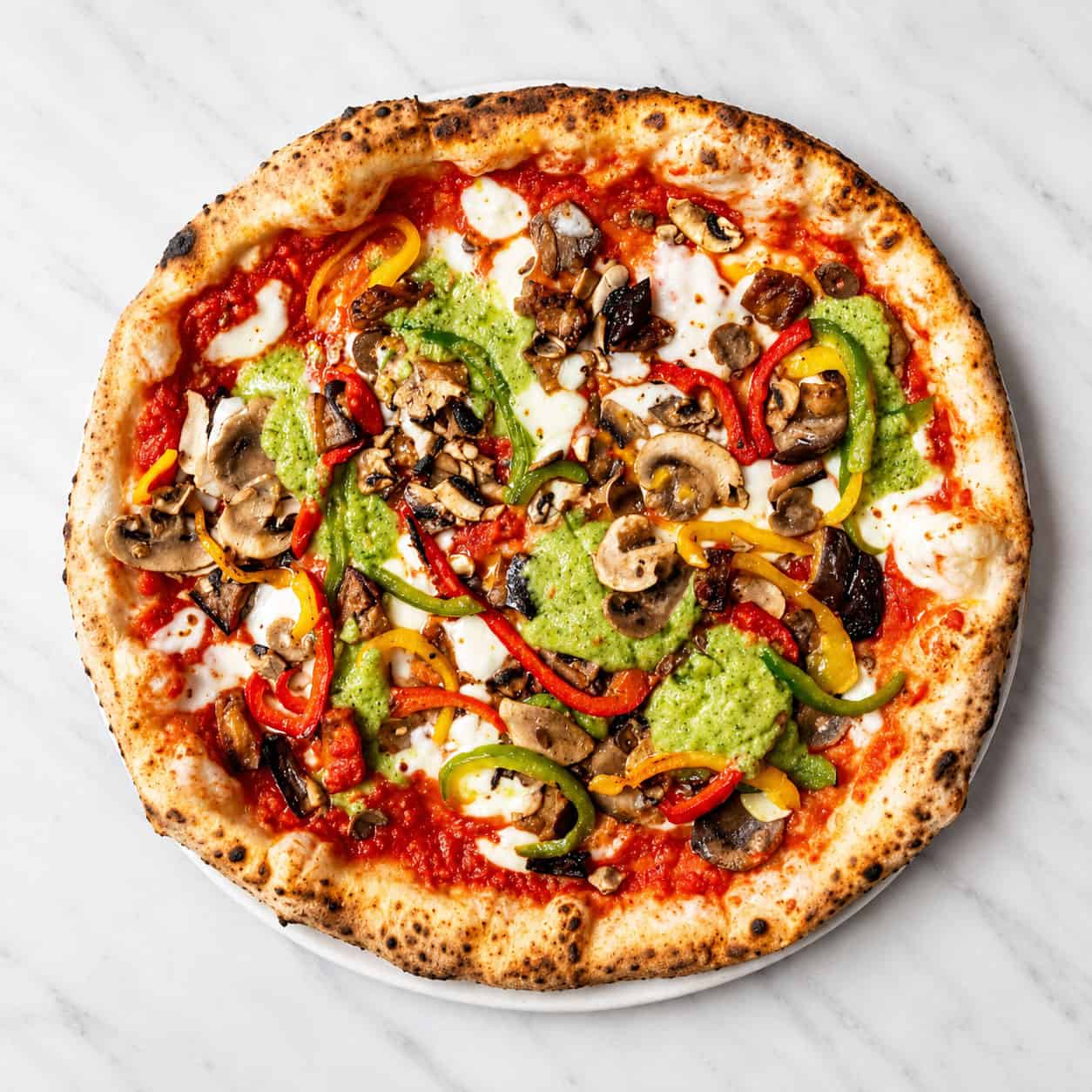 Ortolana Pizza - Solania San Marzano, Fior di Latte, Zucchini, Eggplant, Mushrooms, Grana Padano DOP, Gaeta Black Olives, Basil, EVOO. Swap for Vegan Cheese