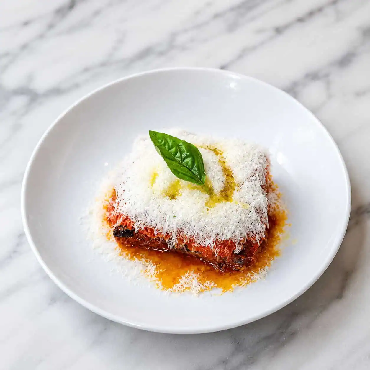 Parmigiana di Melanzane - Layers of Golden-Fried Eggplant, San Marzano Tomato Sauce, Fresh Basil, Melted Buffalo Mozzarella, Grana Padano DOP, Baked