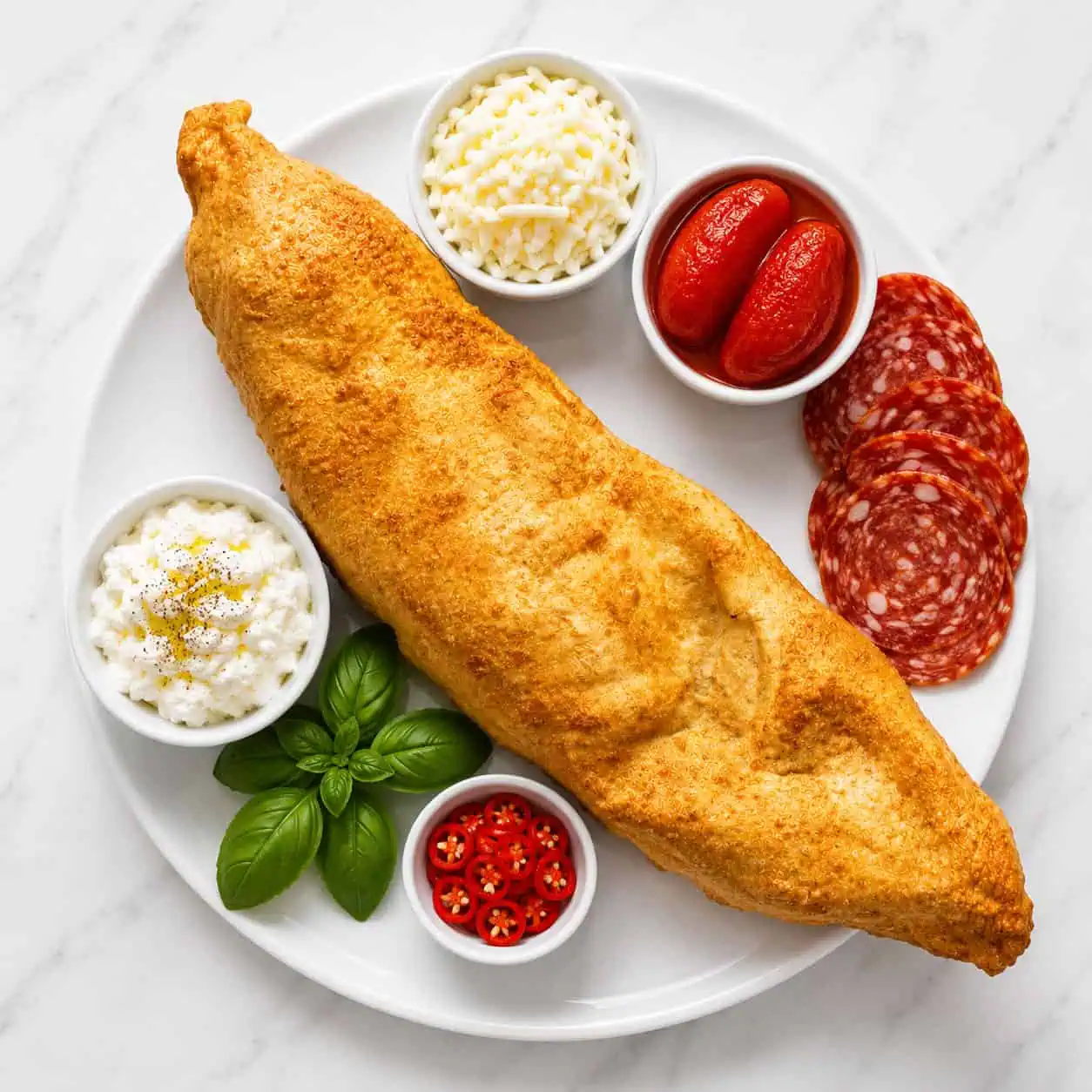 Pizza Fritta Allegra - Solania San Marzano, Fior di Latte, Hot Salami, La Stella Buffalo Ricotta, Basil, Chilli