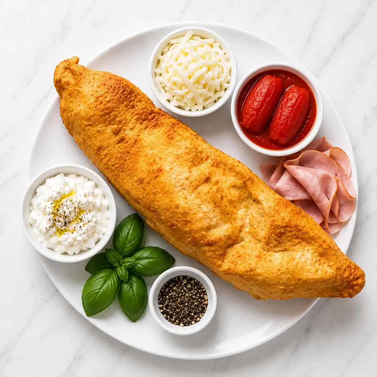 Pizza Fritta Pulcinella - Solania San Marzano, Fior di Latte, Double Smoked Shoulder Ham, La Stella Buffalo Ricotta, Basil, Pepper