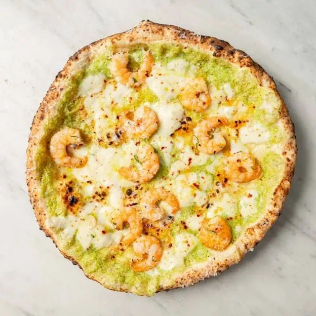 Procida Pizza with Fior di Latte, Zucchini Purée, Prawns, Garlic & Chilli Oil