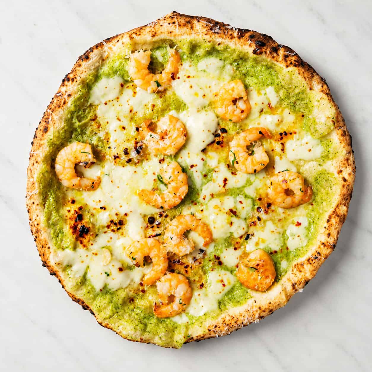 Procida Pizza - Zucchini Purée, Fior di Latte, Prawns, Garlic, Chilli Oil, Parsley, EVOO