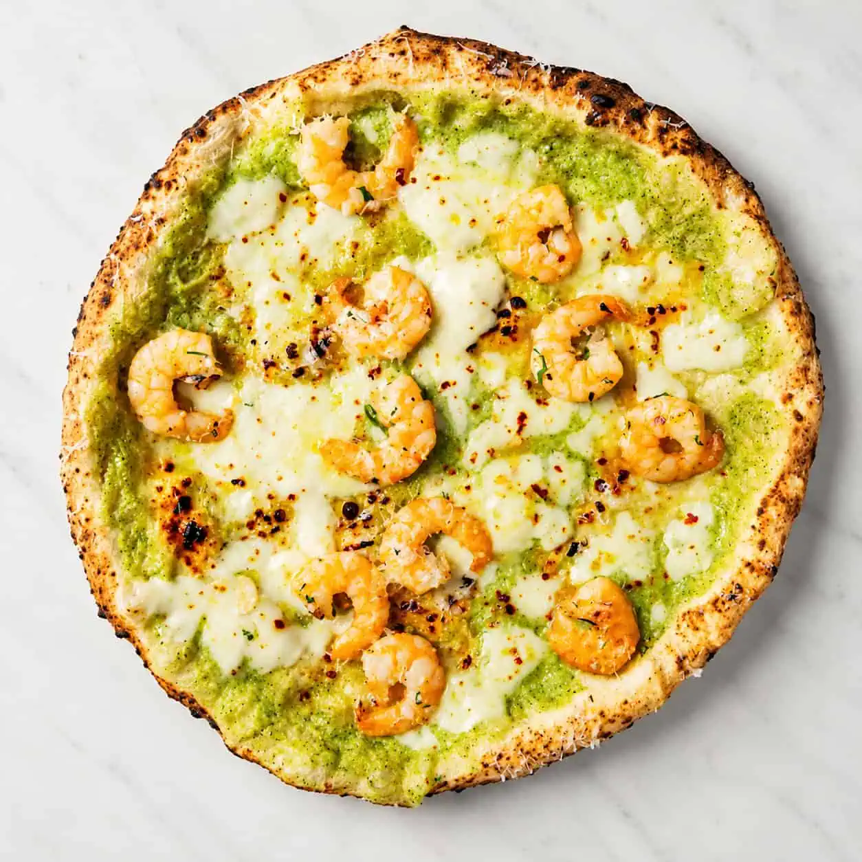 Procida Pizza - Zucchini Purée, Fior di Latte, Prawns, Garlic, Chilli Oil, Parsley, EVOO