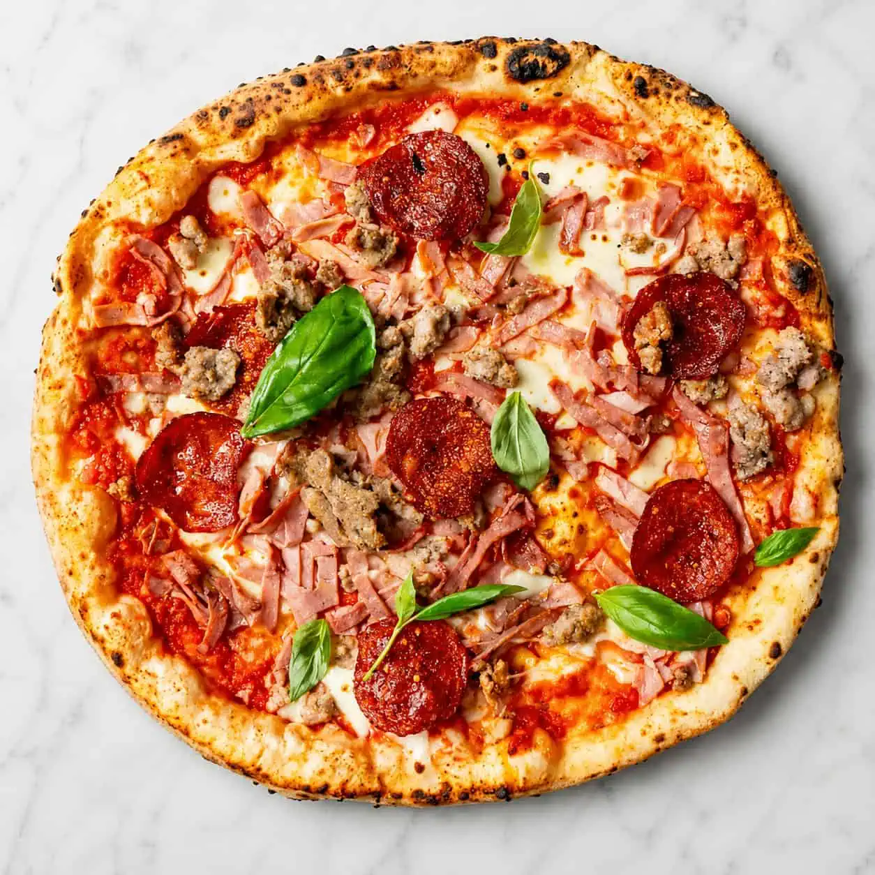 Quattro Salumi Pizza - Solania San Marzano, Fior di Latte, Double Smoked Shoulder Ham, Pancetta, Mild Neapolitan Salami, Hot Salami, Basil, EVOO