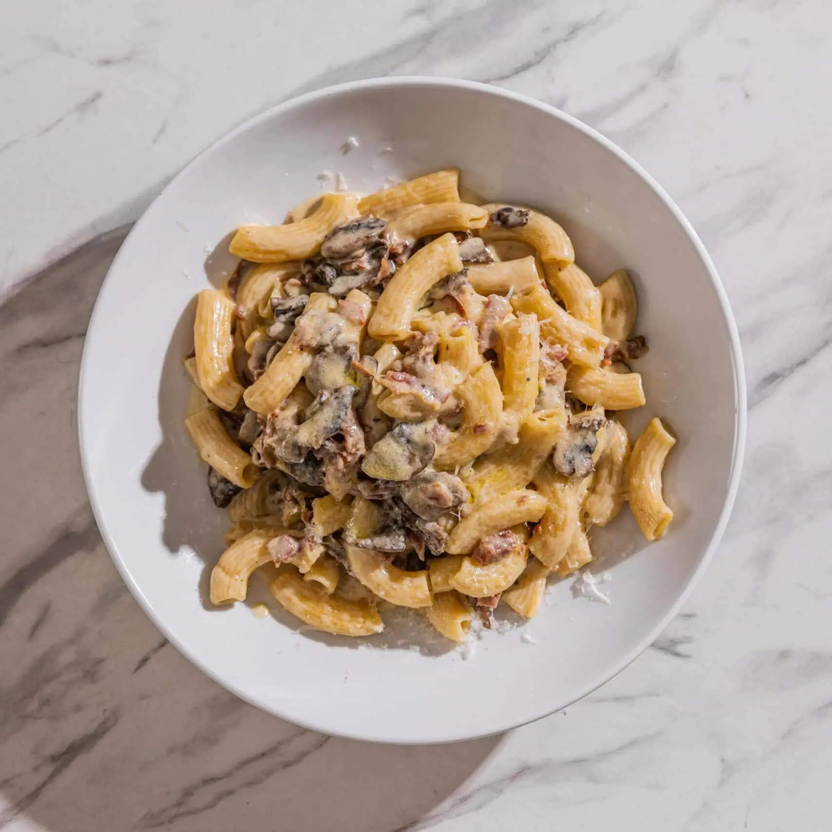 Creamy rigatoni pasta with crispy Prosciutto di Parma, mushrooms, black pepper, and Grana Padano DOP at Via Napoli