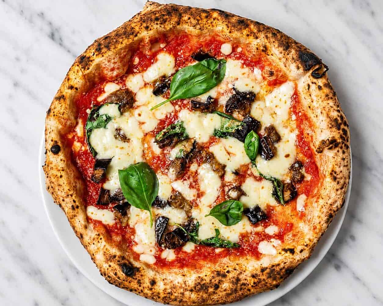 Siciliana Pizza - Solania San Marzano, Fior di Latte, Eggplant, Grana Padano DOP, Basil, EVOO