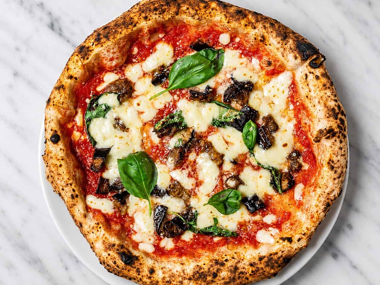 Siciliana Pizza - Solania San Marzano, Fior di Latte, Eggplant, Grana Padano DOP, Basil, EVOO