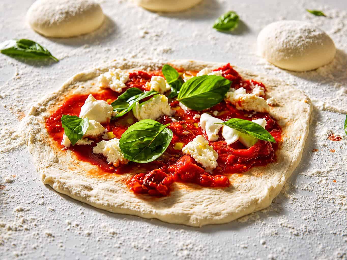 Uncooked Margherita pizza preparation fresh dough and basil