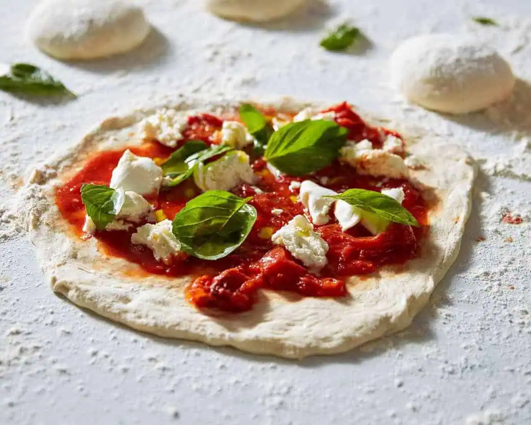 Uncooked Margherita pizza preparation fresh dough and basil