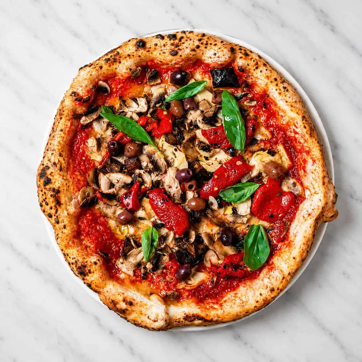 Vegana Pizza - Solania San Marzano, Coconut Cheese, Mushrooms, Eggplant, Zucchini, Gaeta Black Olives, Basil, EVOO