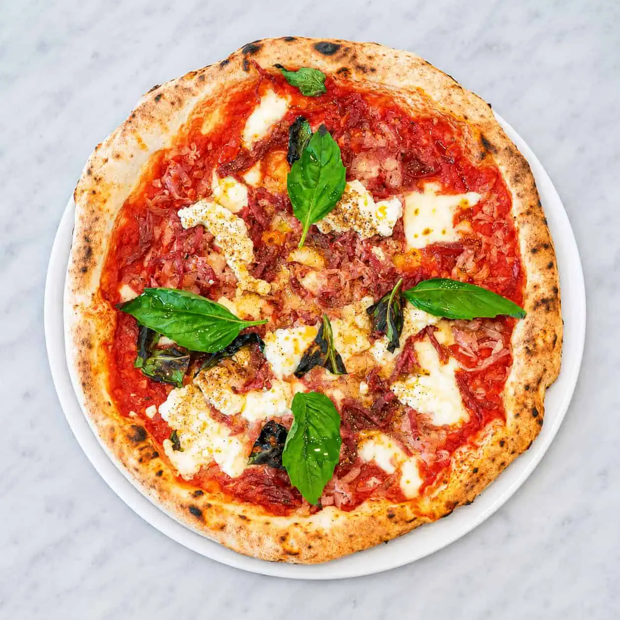Vesuvio Pizza - Solania San Marzano, Fior di Latte, Buffalo Ricotta, Double Smoked Shoulder Ham, Mild Neapolitan Salami, Pepper, Basil, EVOO