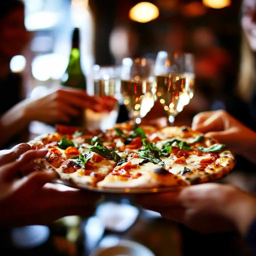 Friends enjoying a wood-fired pizza and toasting with champagne at a lively restaurant gathering