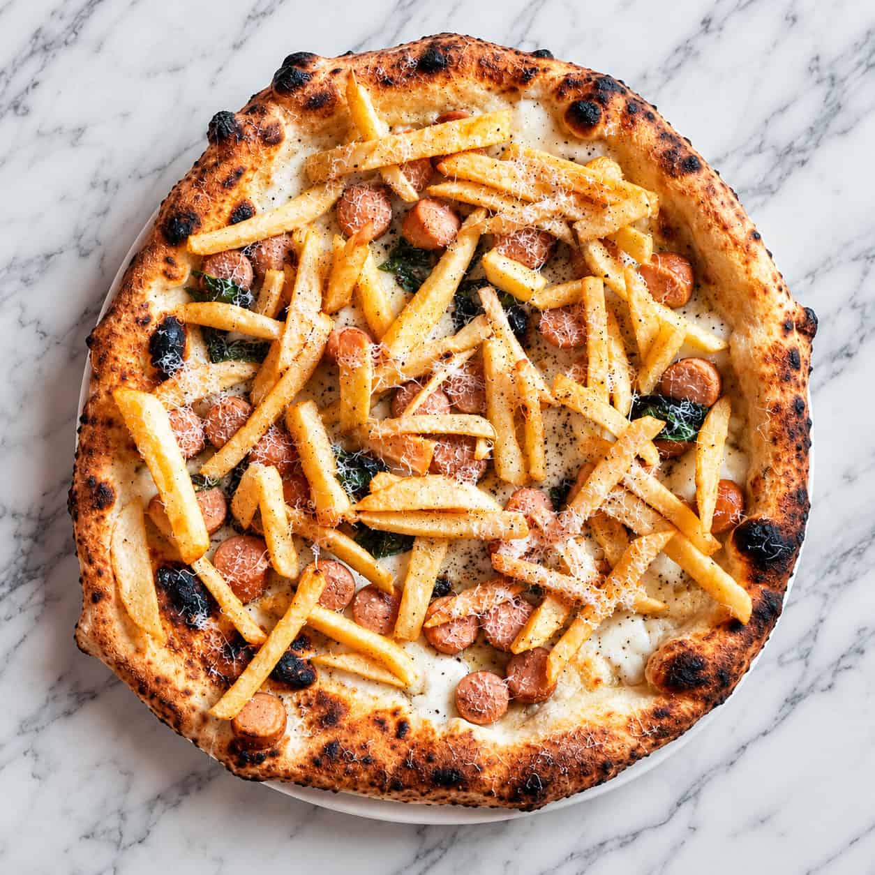 Wurstel E Patatine Pizza - White Base, Fior di Latte, Certified Free Range Pork Wurstel, Fries